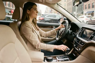 Femme détendue au volant d'une voiture automatique en ville, main posée sur le sélecteur de vitesse