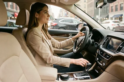 Femme détendue au volant d'une voiture automatique en ville, main posée sur le sélecteur de vitesse
