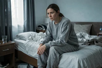 Femme assise seule sur un lit défait, regard vide et posture affaissée, signe de dépression et d'épuisement émotionnel