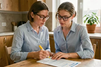 Femme consultant des documents d'assurance habitation à une table de cuisine moderne