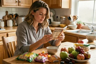 Femme lisant une étiquette nutritionnelle pour comprendre la teneur en sucre des aliments transformés