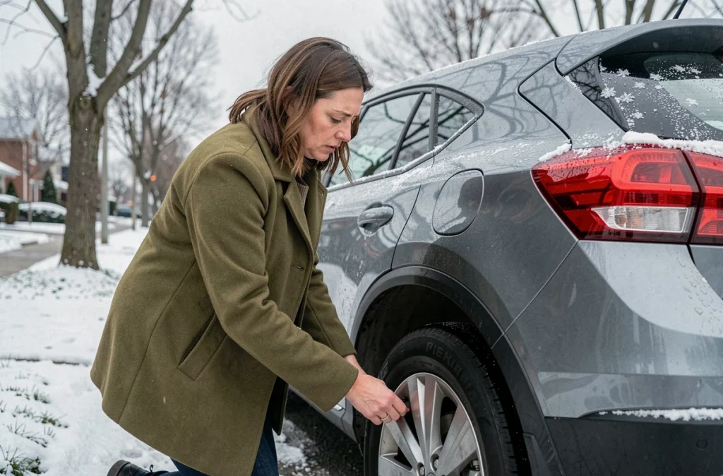 Femme inspectant l'usure de son pneu avant l'hiver dans une rue enneigée