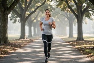 Femme faisant du jogging tôt le matin sur un chemin arboré pour améliorer son sommeil grâce à l'activité physique quotidienne