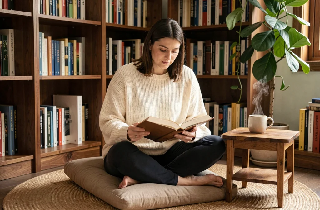 Femme lisant un livre dans un coin bibliothèque à domicile avec étagères en noyer et coussin de sol