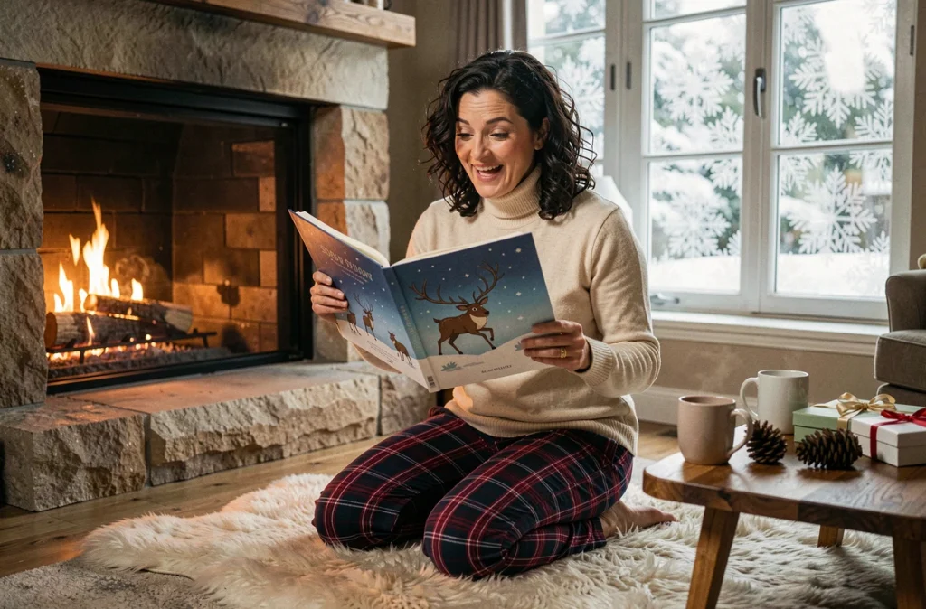 Femme lisant une histoire de renne du Père Noël devant la cheminée avec des cadeaux et du chocolat chaud