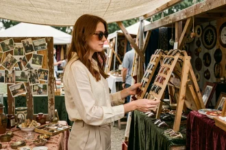 Femme portant des lunettes de soleil rétro rondes en écaille de tortue dans un marché aux puces vintage