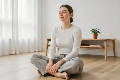 Femme pratiquant la méditation en position assise sur un parquet en bois dans un salon minimaliste, les yeux fermés et l'expression apaisée