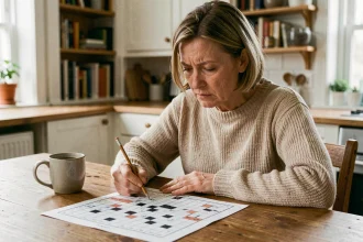 Femme d'une cinquantaine d'années concentrée sur une grille de mots fléchés posée sur une table en bois, crayon à la main, dans un intérieur chaleureux