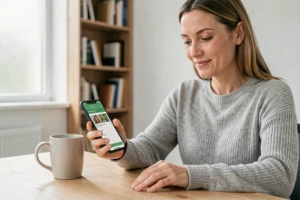 Femme utilisant une application de néobanque sur smartphone pour gérer ses frais bancaires réduits