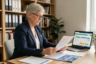 Femme de 58 ans en blazer marine consultant des documents de planification retraite à son bureau à domicile