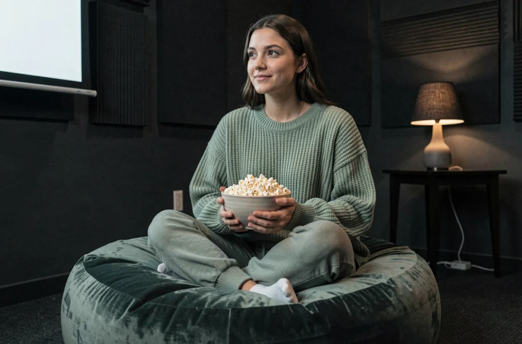 Jeune femme détendue sur un pouf velours dans une salle de cinéma maison sombre, tenant un bol de pop-corn, ambiance cosy et intimiste
