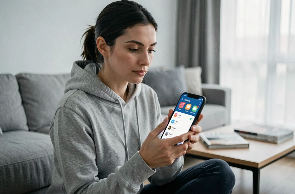 Femme configurant une application de sécurité et un VPN sur son smartphone depuis son canapé, pour se protéger des faux sites et publicités malveillantes