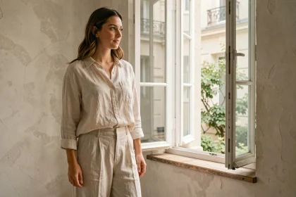 Femme portant une tenue en lin naturel écru près d'une fenêtre dans un appartement parisien minimaliste au printemps