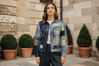 Femme portant une veste en denim patchwork structurée avec des panneaux contrastés dans une cour parisienne en pierre