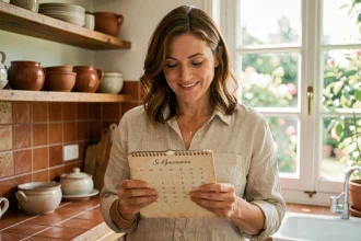 Femme consultant un calendrier artisanal dans une cuisine française pour connaître la fête du jour