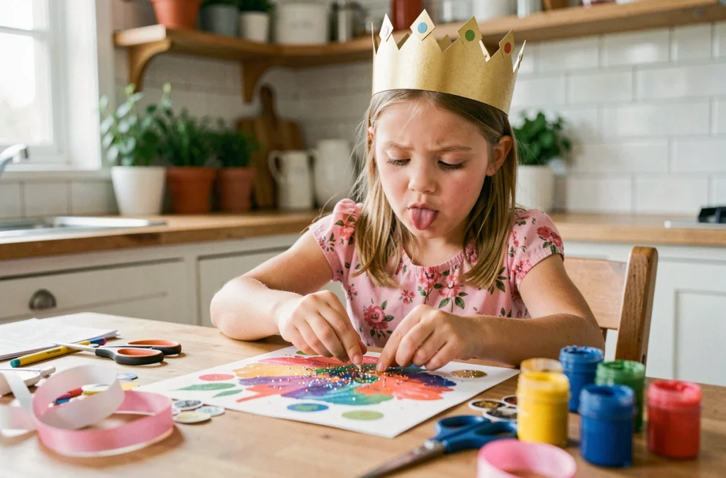 Petite fille concentrée en train de créer une carte d'anniversaire artisanale colorée à la maison