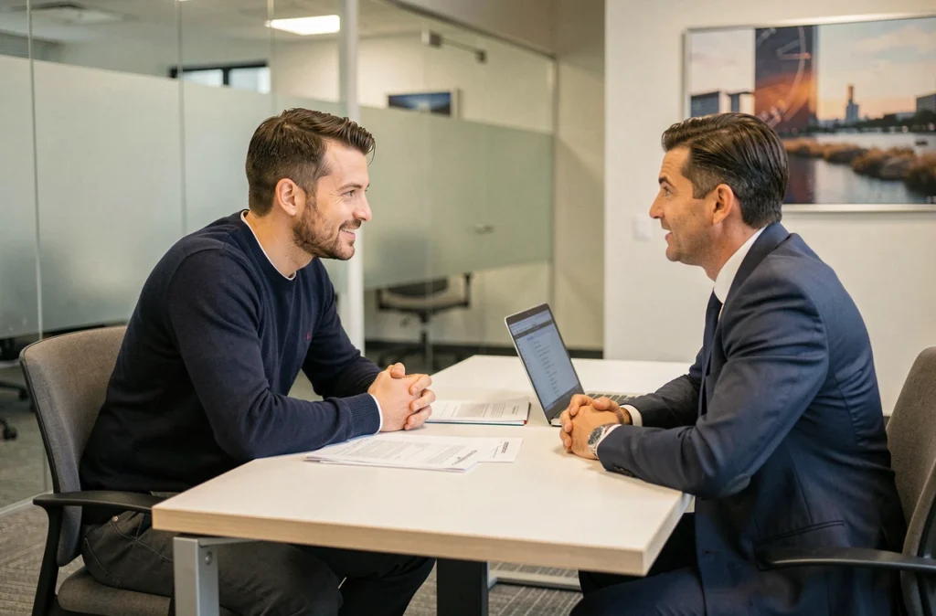 Homme discutant d'un financement immobilier avec un conseiller bancaire pour son premier achat