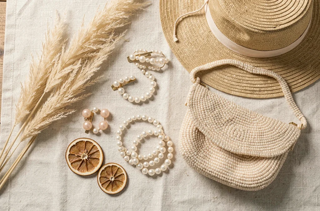 Flat lay d'accessoires en perles tendance été incluant bracelets, barrettes et sac perlé sur lin naturel