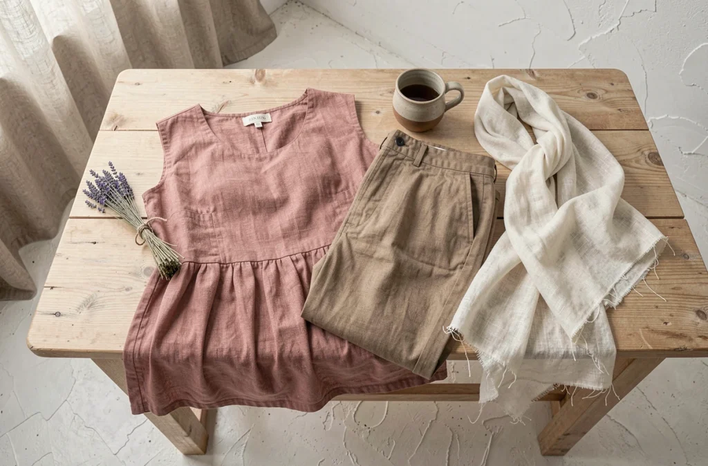 Mise en scène flatlay de vêtements en lin naturel pour la collection printemps avec accessoires en céramique et lavande séchée