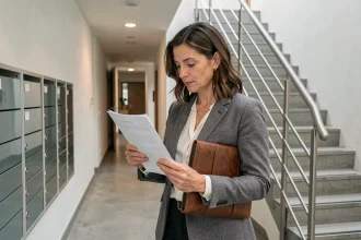 Future acquéreuse examinant un document de copropriété dans le hall d'entrée d'un immeuble résidentiel moderne