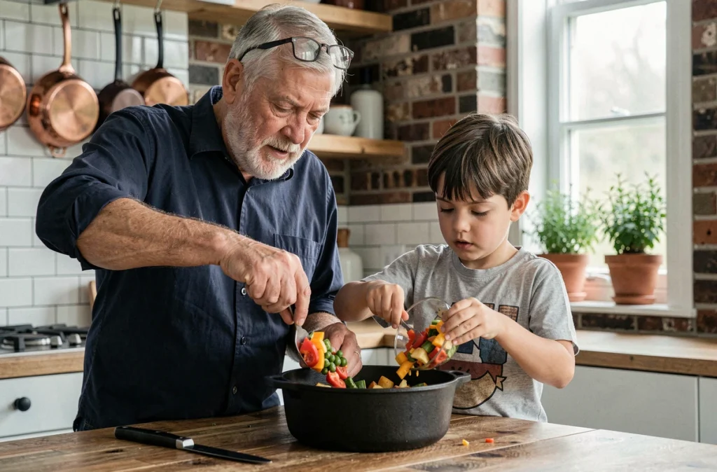 Grand-père et petit-fils préparant une soupe de légumes ensemble dans une cuisine de style ferme moderne