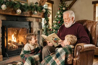 Grand-père racontant l'histoire du renne du Père Noël à ses petits-enfants au coin du feu la veille de Noël