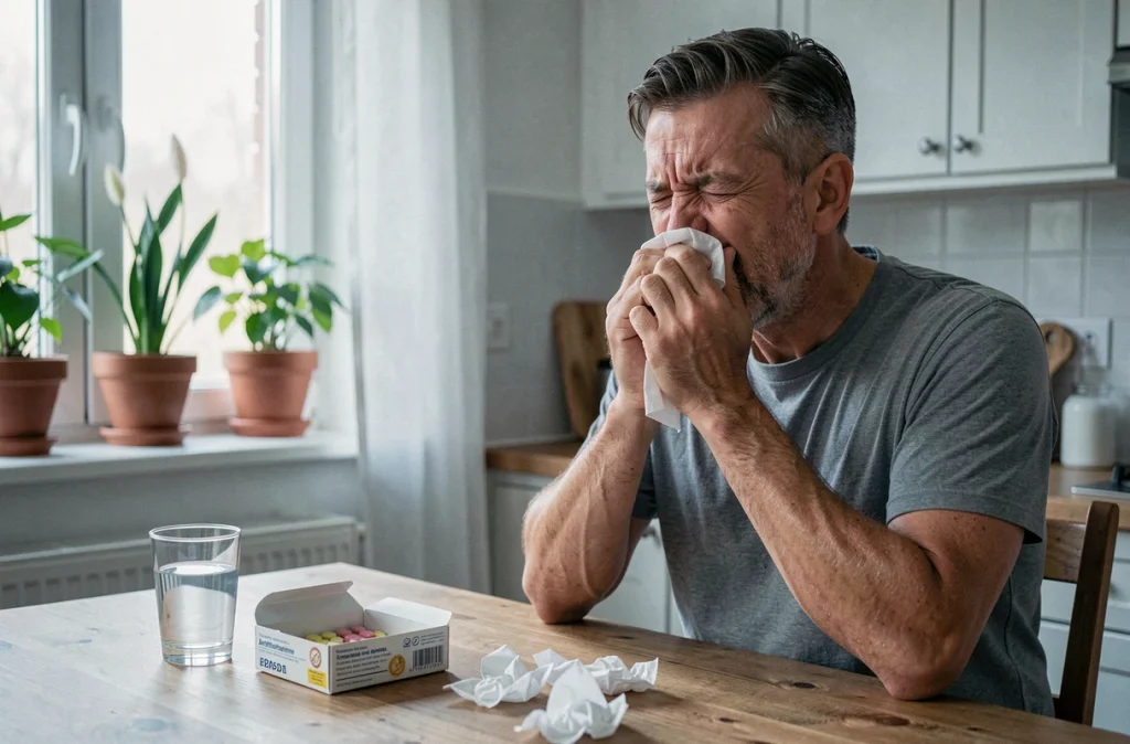 Homme adulte éternuant à table avec des médicaments antihistaminiques contre les allergies saisonnières