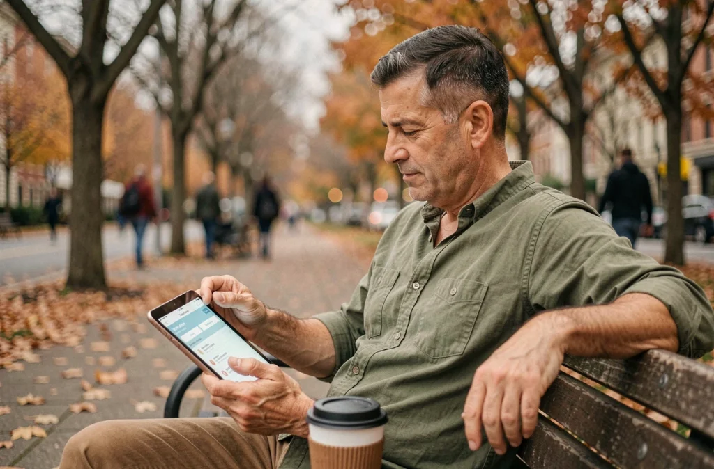 Homme de 55 ans consultant une application d'épargne retraite sur tablette assis dans un parc urbain en automne