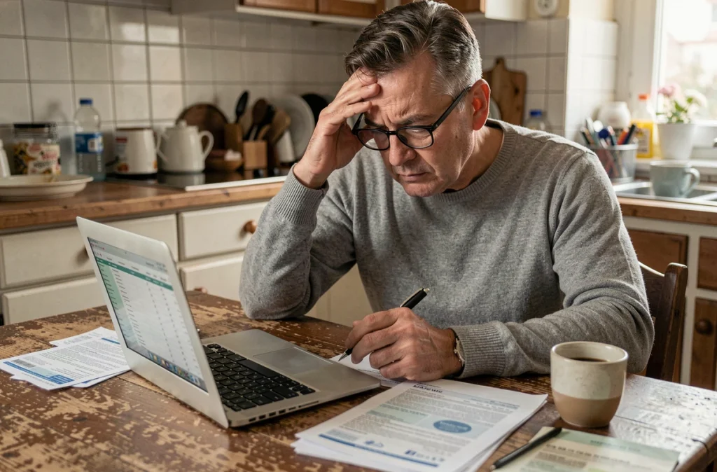 Un homme d'une cinquantaine d'années examine ses factures et son budget familial à la table de cuisine, reflétant les difficultés financières liées à la hausse des prix