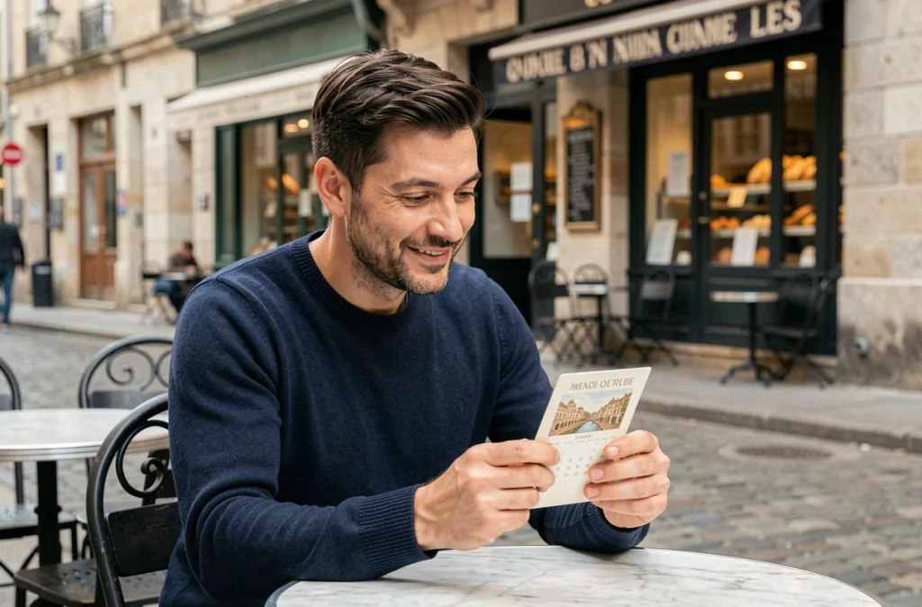Homme consultant une carte de calendrier français en terrasse de café pour identifier la fête du jour
