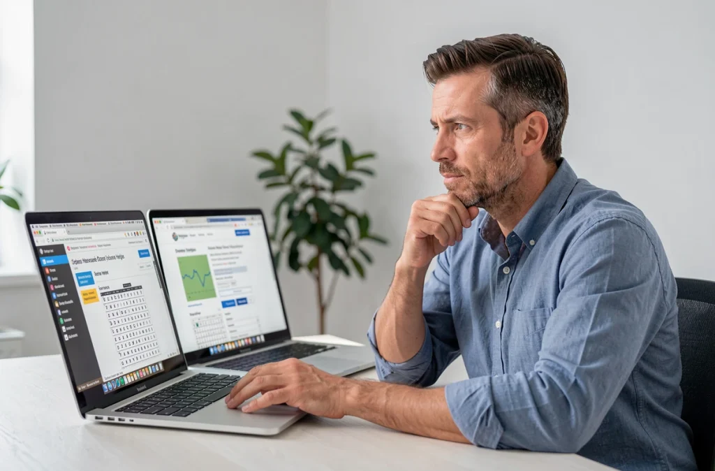Homme d'une quarantaine d'années comparant des sites de recherche pour mots fléchés sur un ordinateur portable dans un bureau moderne à la maison