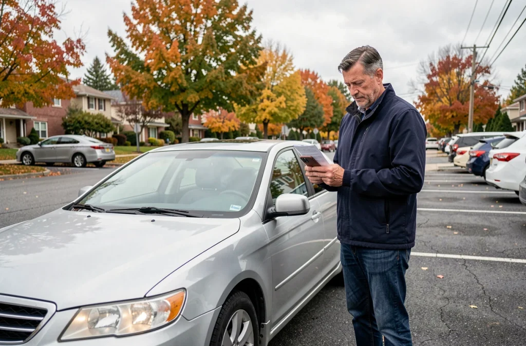 Homme consultant son assurance auto sur smartphone près de sa voiture