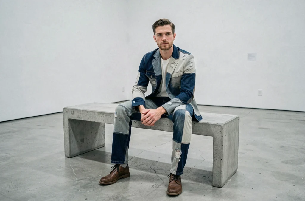 Homme en costume denim patchwork coordonné assis dans un espace galerie minimaliste en béton