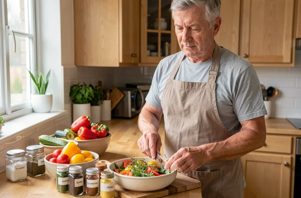 Homme cuisinant avec des herbes aromatiques à la place du sel pour une alimentation favorable à la santé cardiaque
