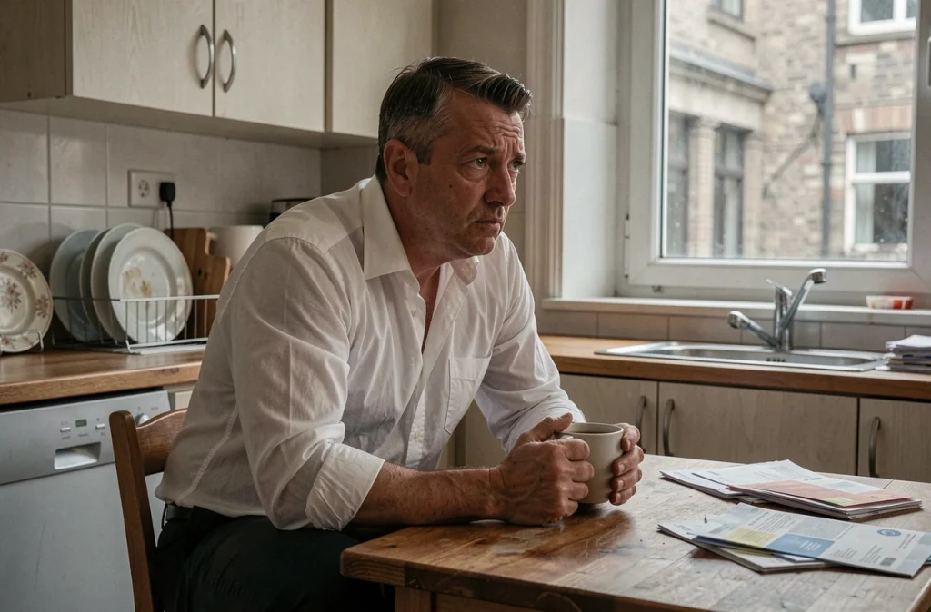 Homme d'âge moyen assis à une table de cuisine, air absent et abattu, entouré de désordre quotidien évoquant un état dépressif