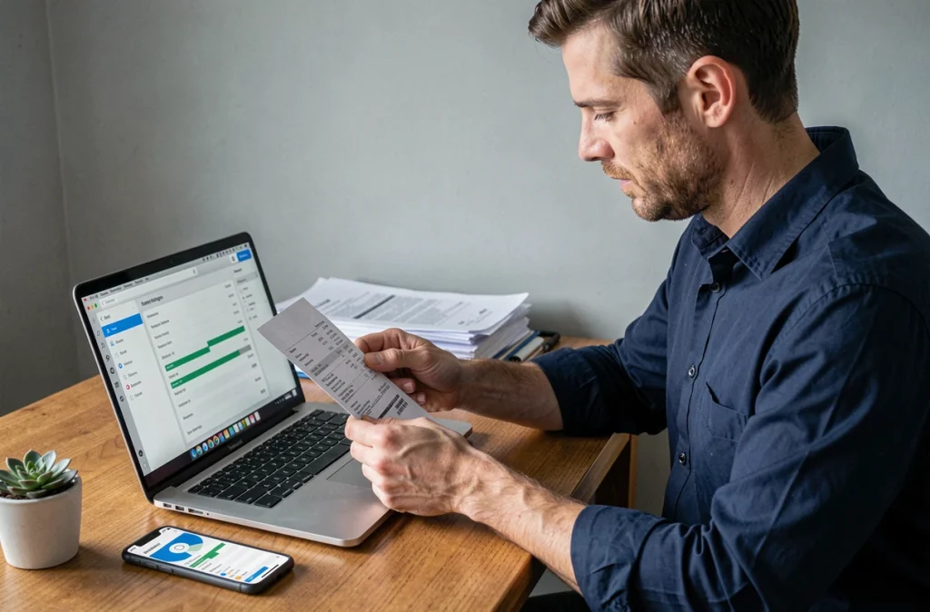 Homme gérant les finances familiales avec une application de budget sur ordinateur portable dans un bureau à domicile