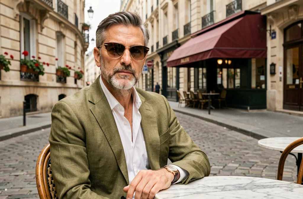 Homme portant des lunettes de soleil vintage à monture dorée dans un café parisien au cadre classique