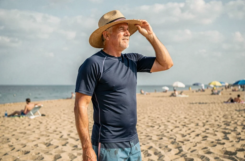 Homme à la plage portant un chapeau anti-UV et un t-shirt de protection solaire, prévention des risques UV