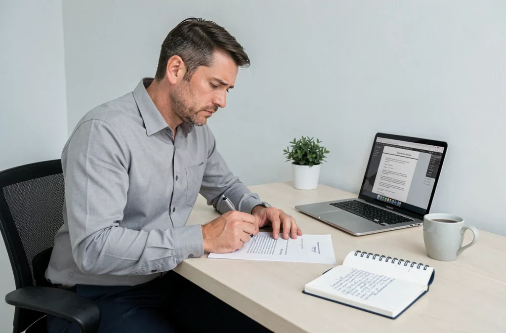 Homme rédigeant une lettre formelle destinée à un avocat dans un bureau à domicile moderne avec ordinateur portable et documents juridiques