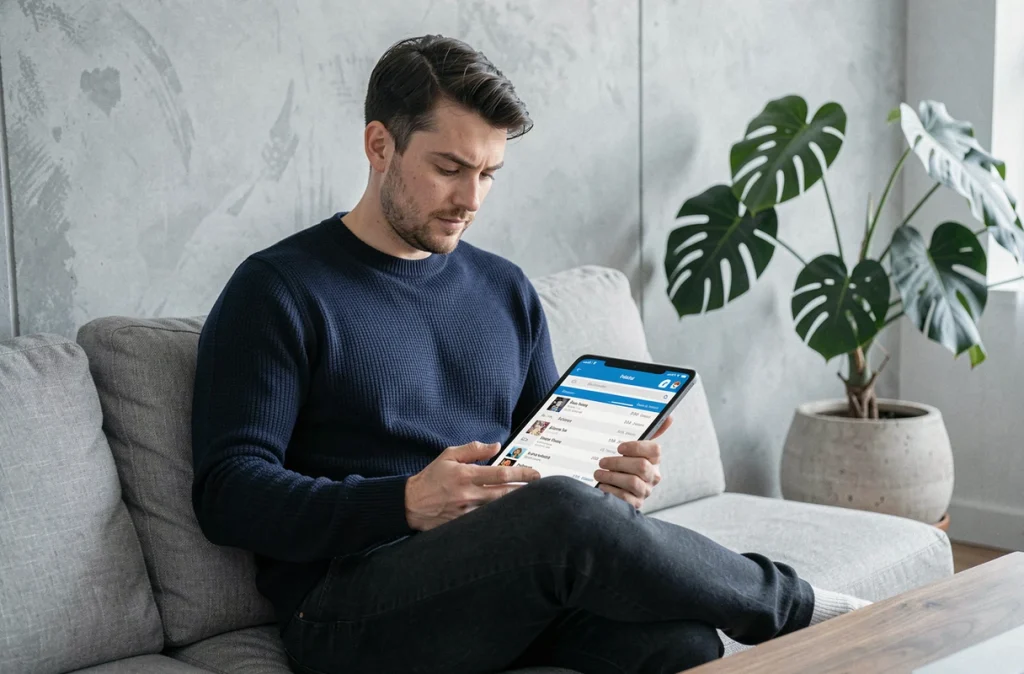 Homme consultant une interface de suivi de chapitres de scans sur tablette dans un appartement moderne minimaliste