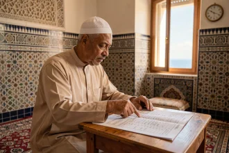 Homme consultant un horaire de prière dans une mosquée de Nice avec horloge murale et carrelage géométrique