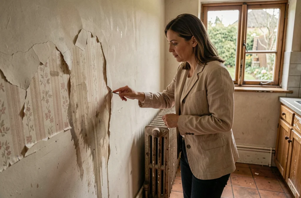 Femme inspectant des traces d'humidité et des décollements de papier peint dans la cuisine d'une maison ancienne à rénover