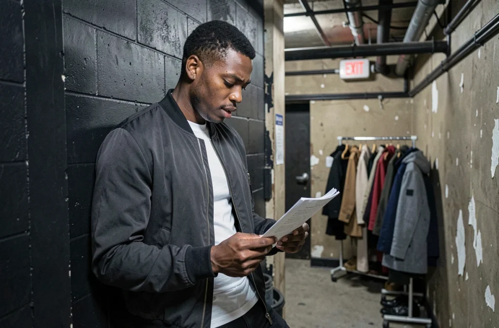 Humoriste noir homme en coulisses d'un théâtre, relisant ses notes avant de monter sur scène dans une attitude concentrée