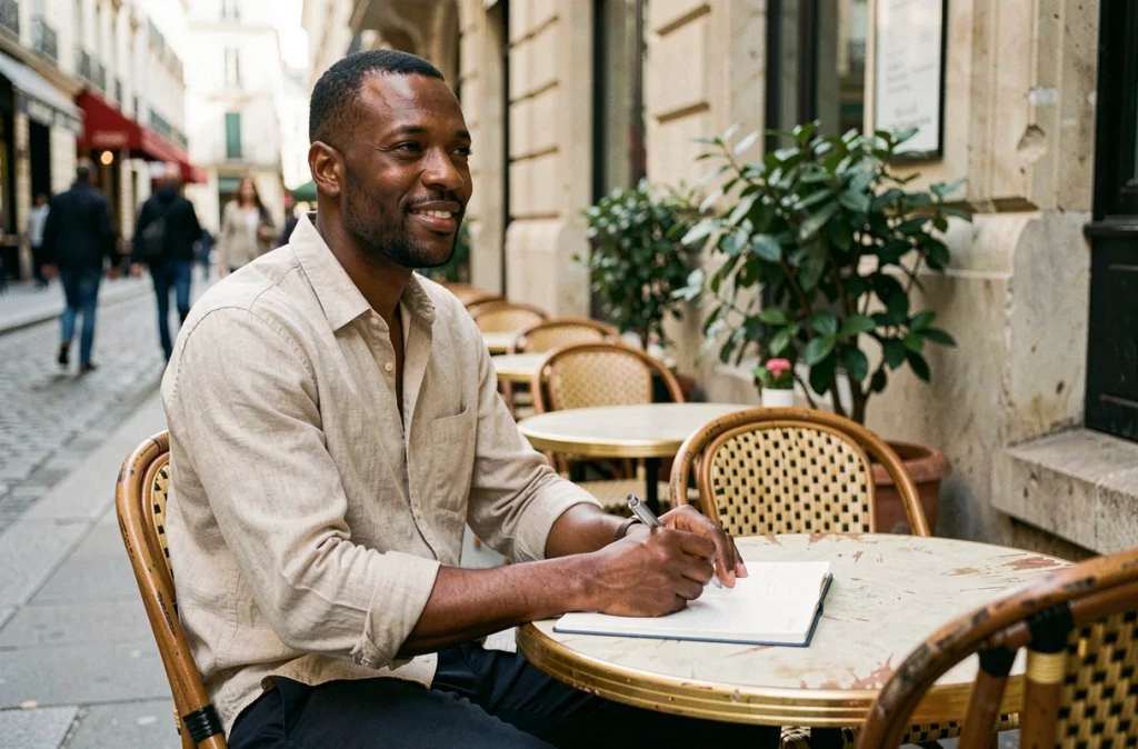 Humoriste noir homme en train d'écrire ses textes dans un café parisien, regard pensif et carnet ouvert sur la table