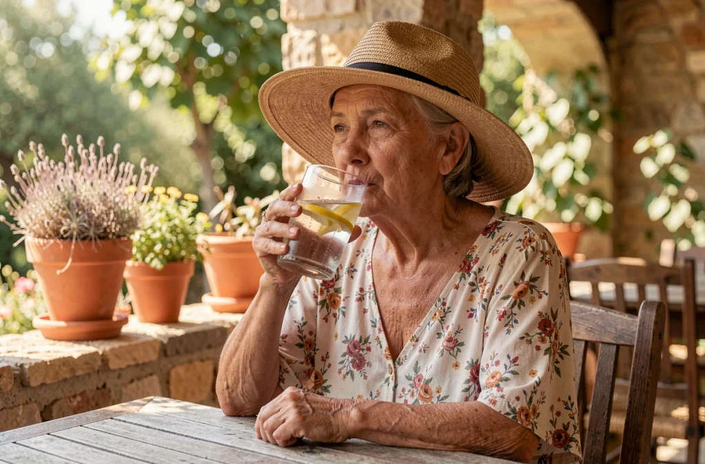 Femme âgée qui s'hydrate avec un verre d'eau citronnée à l'ombre d'une terrasse pendant les fortes chaleurs