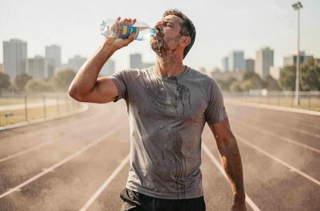 Homme qui se rafraîchit avec de l'eau pendant une session de course à pied en pleine chaleur urbaine