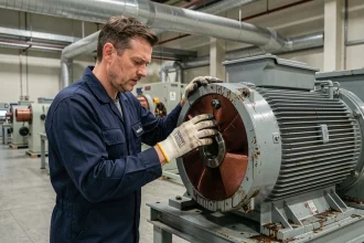 Ingénieur inspectant un moteur synchrone industriel dans une usine de fabrication moderne