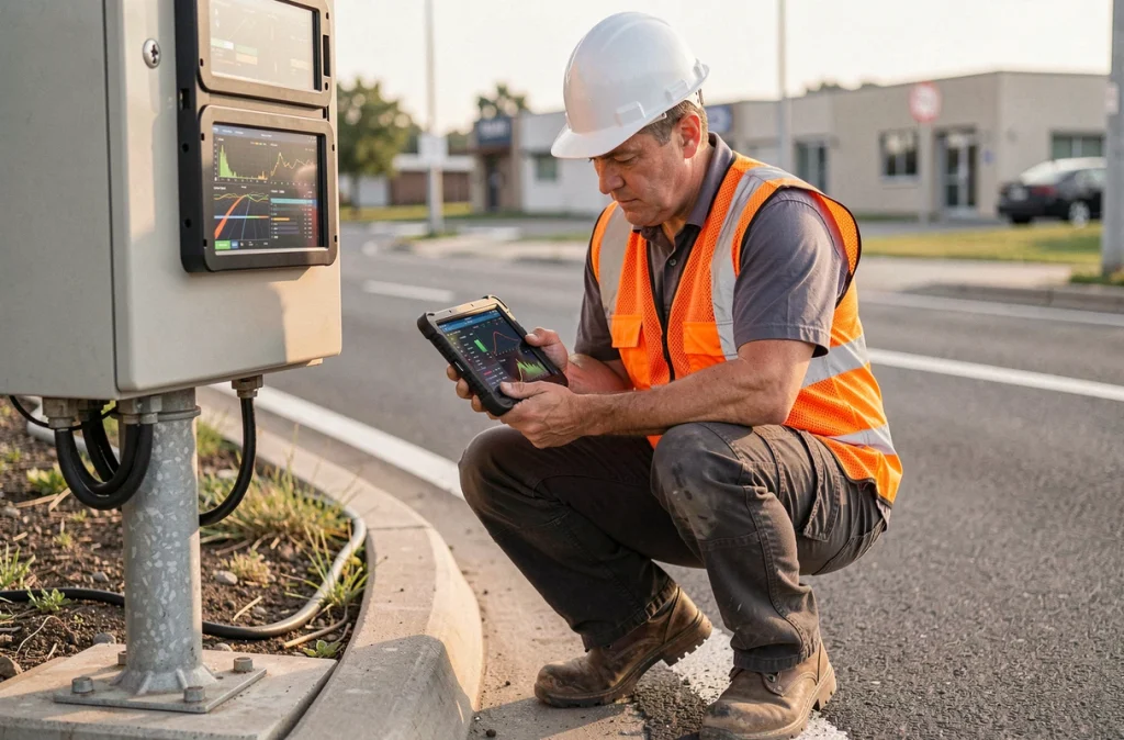 Ingénieur routier configurant un système de feux de signalisation connecté avec une tablette