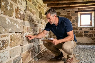 Inspecteur professionnel examinant les fissures d'une fondation en pierre d'une maison ancienne lors d'un diagnostic immobilier