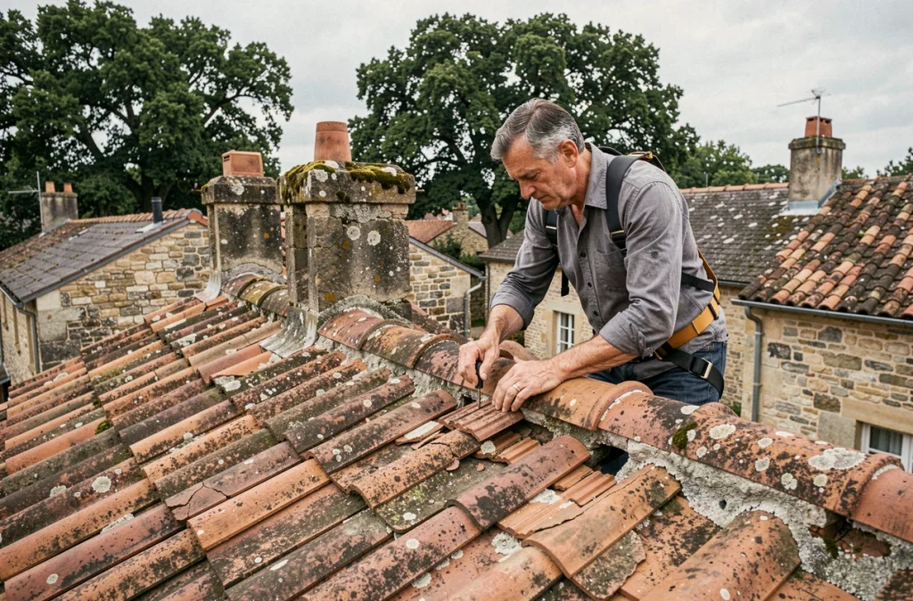Expert immobilier inspectant la toiture en tuiles d'une maison ancienne pour détecter des fissures et des défauts avant achat